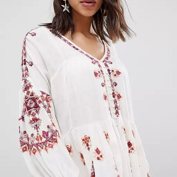 Free People Ariana Embroidered Oversized Tunic Blouse Top Women's Size Small - Picture 2 of 14